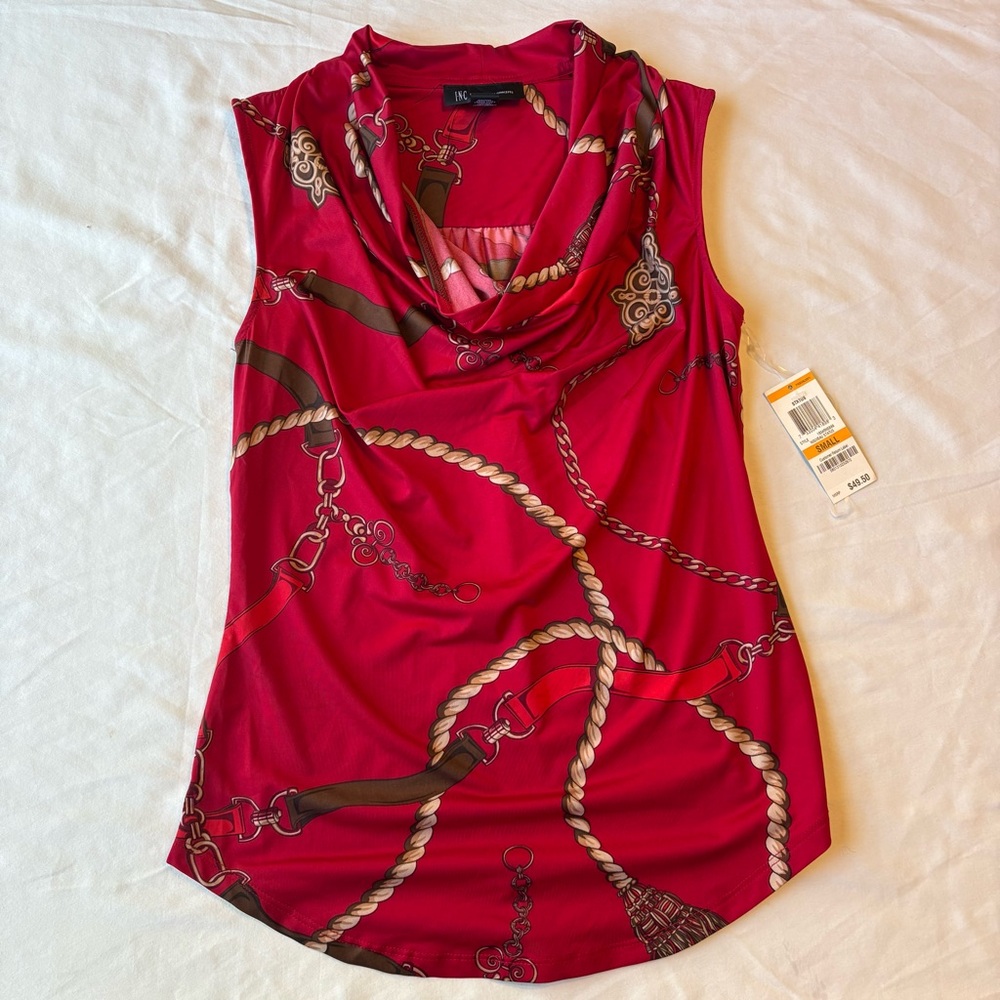 INC International Concepts Red Chain- and Rope Print Cowl Neck Sleeveless Top
